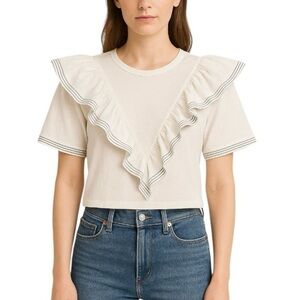 Saylor Short Sleeve Harriette Denim Ruffle Top in White size Small